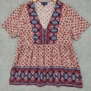 Artesia Top Womens Medium Relaxed Pleated Henley Bohemian